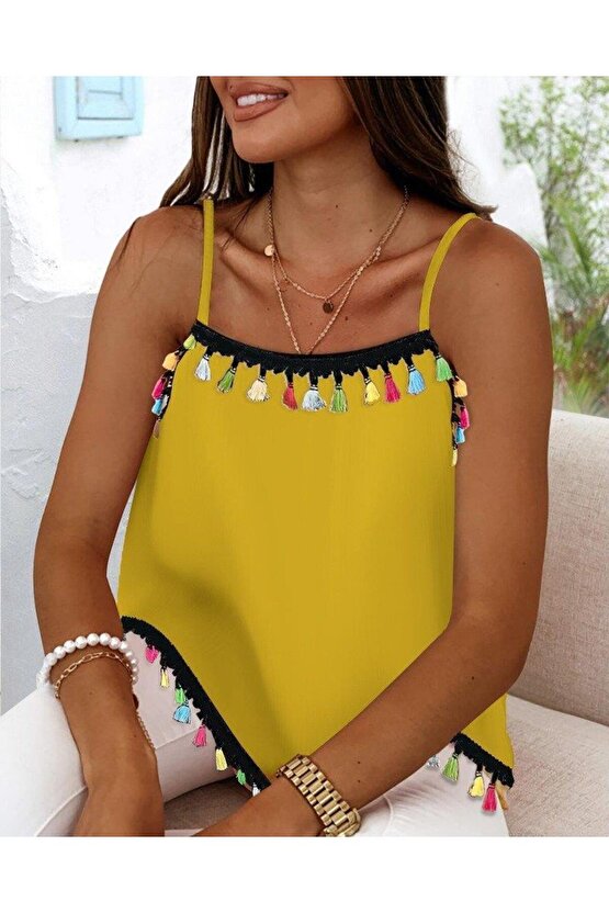 Kadın Ip Askılı Püskül Detaylı Sandy Bluz