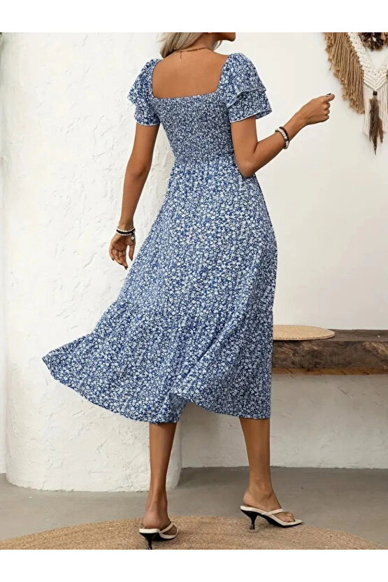 Kadın Kısa Kollu Gipe Detaylı Desenli Midi Süprem Elbise