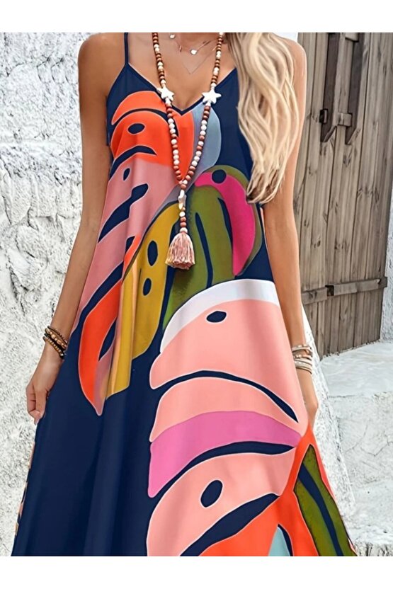 eyesof Kadın Ip Askılı V Yakalı Desenli Süprem Maxi Elbise
