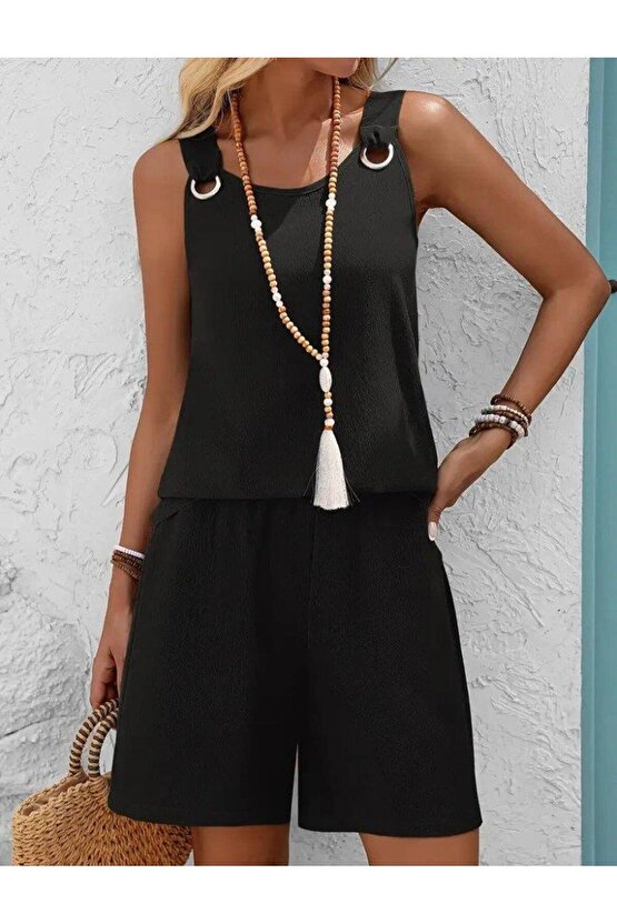 Kadın Askılı Yuvarlak Yaka Kuş Gözü Detaylı Bürümcük Bluz Ve Short Ikili Takım