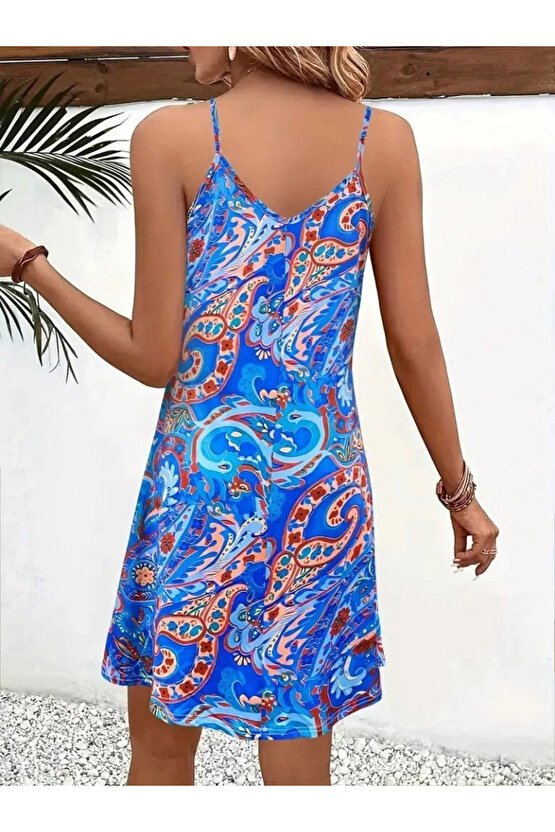 Kadın Ip Askılı V Yakalı Desenli Kısa Süprem Mini Elbise