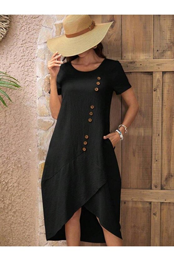 Kadın Kısa Kollu Bisiklet Yaka Düğme Detay Müslim Elbise