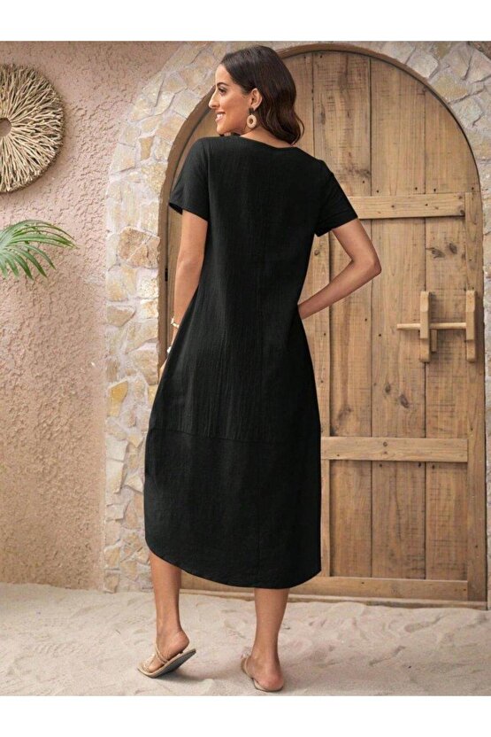 Kadın Kısa Kollu Bisiklet Yaka Düğme Detay Müslim Elbise