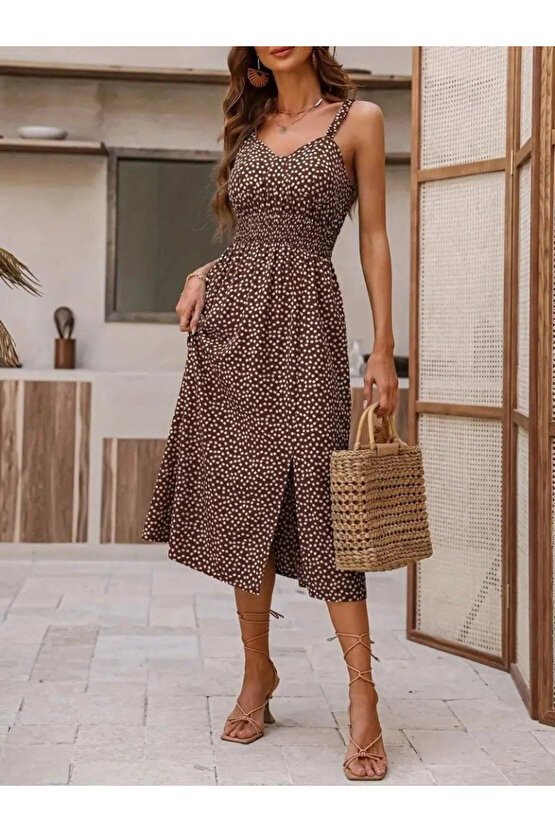 Kadın Askılı V Yakalı Beli Lastikli Yırtmaçlı Süprem Midi Elbise