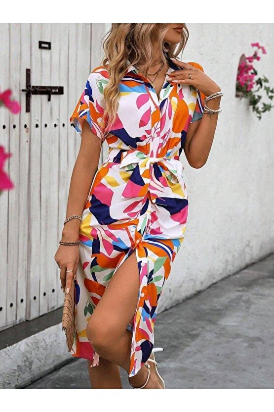 Kadın Kısa Kollu Yakalı önü Düğmeli önden Drapeli Desenli Süprem Elbise