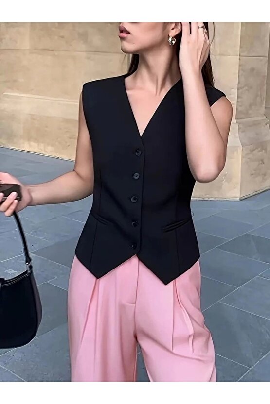 Kadın Sıfır Kollu önden Düğmeli Atlas Yelek