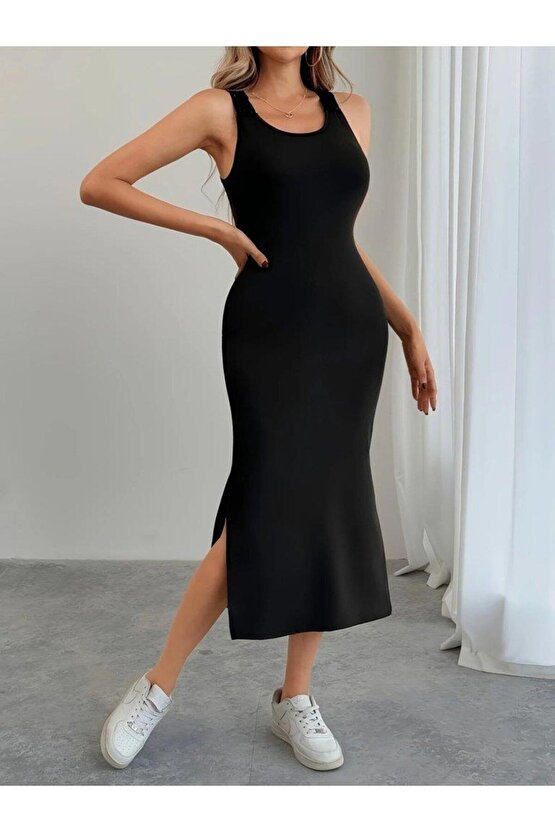 Kadın Askılı Yuvarlak Yakalı Yandan Yırtmaçlı Arkası Dantel Detaylı Viskon Elbise