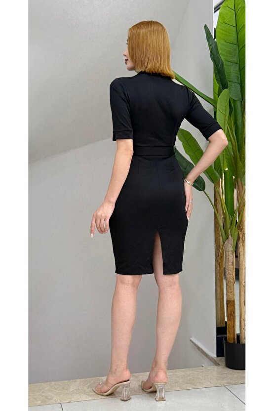 eyesof Kadın Kısa Kollu Yakalı Kruvaze Yakalı Beli Kemerli Midi Modal Elbise