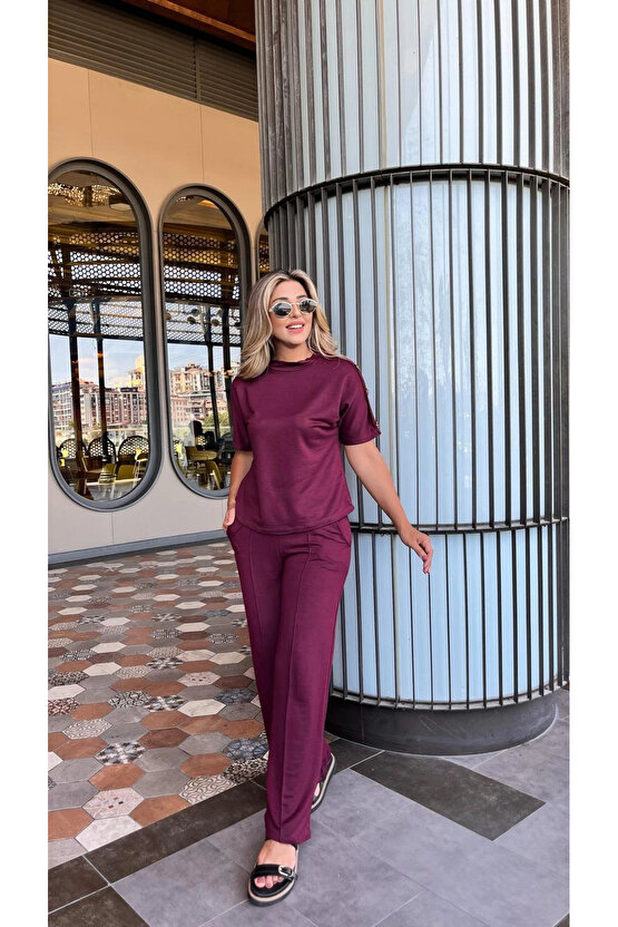 Kadın Kısa Kollu Bisiklet Yaka Omuzdan Düğmeli Viskon Iki Iplik Kısa Bluz Ve Pantolon Ikili Takım