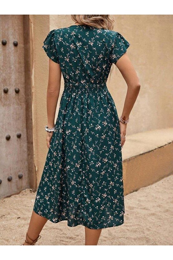 Kadın Kısa Kollu V Yakalı Beli Lastikli çiçek Desenli Süprem Elbise