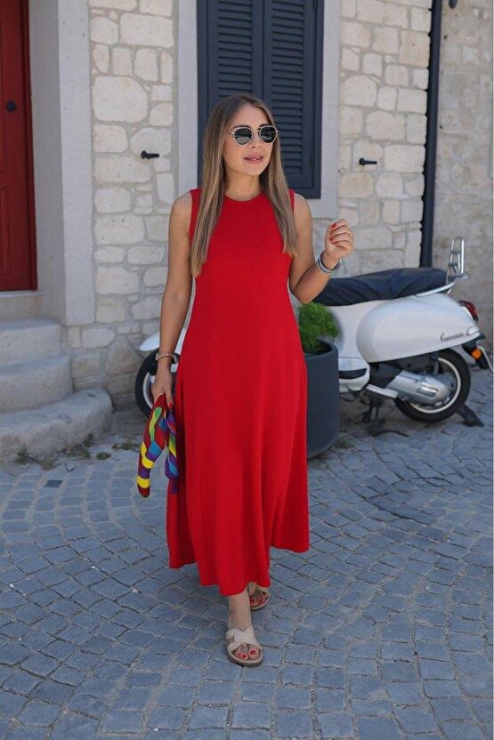 Kadın Sıfır Kollu Bisiklet Yaka Viskon Elbise