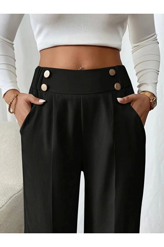 Kadın Beli Lastikli Düğmeli Ithal Krep Pantolon