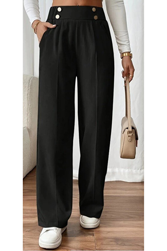 Kadın Beli Lastikli Düğmeli Ithal Krep Pantolon