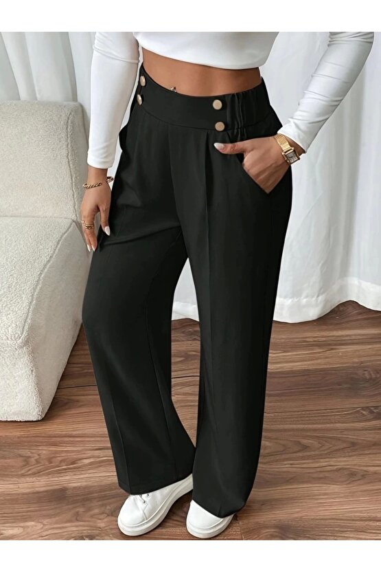 Kadın Beli Lastikli Düğmeli Ithal Krep Pantolon
