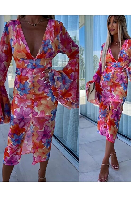 Kadın Göğüs Dekolteli Kolları Volan Detay Astarlı Tül Elbise