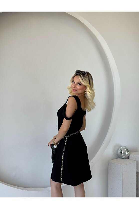 Kadın Askılı Soğuk Omuz Detaylı Modal Elbise