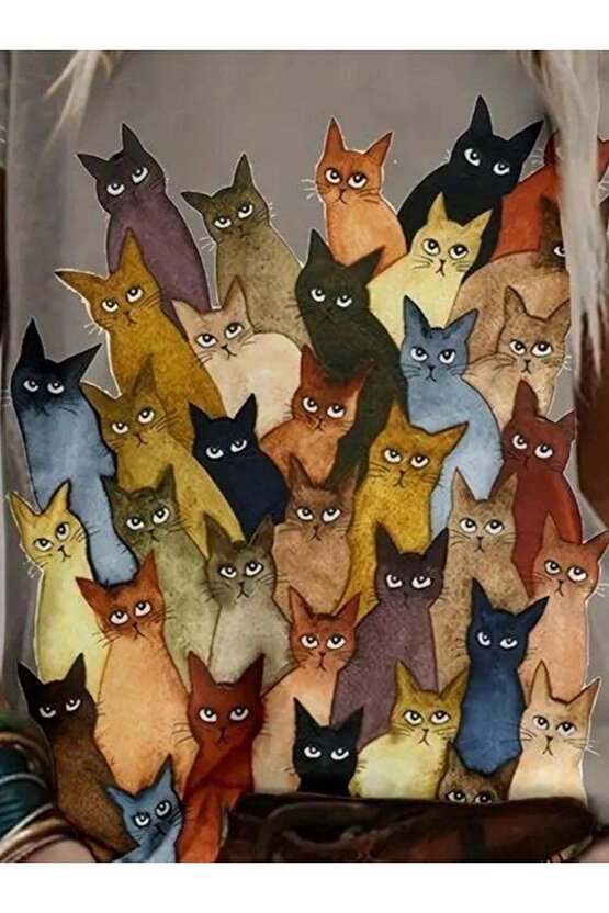 Kadın Kısa Kollu Bisiklet Yaka Kedi Desenli Süprem Bluz