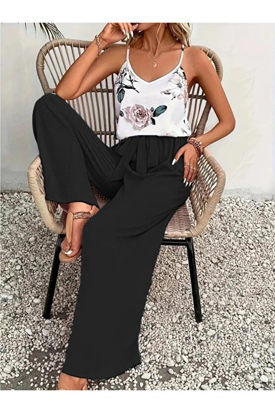 EQURİ Kadın Ip Askılı V Yakalı Süprem Bluz Ve Aerobin Pantolon Ikili Takım