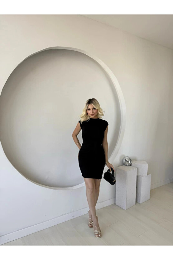 Kadın Kısa Kap Kollu Bisiklet Yaka Belden Bağlamalı Modal Mini Elbise