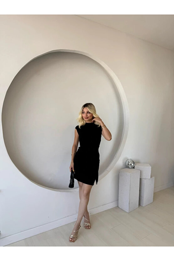 Kadın Kısa Kap Kollu Bisiklet Yaka Belden Bağlamalı Modal Mini Elbise