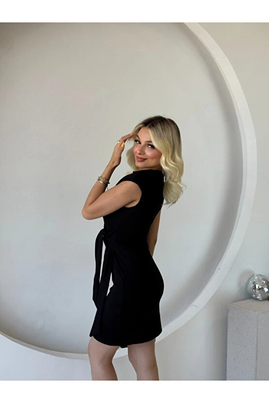 Kadın Kısa Kap Kollu Bisiklet Yaka Belden Bağlamalı Modal Mini Elbise