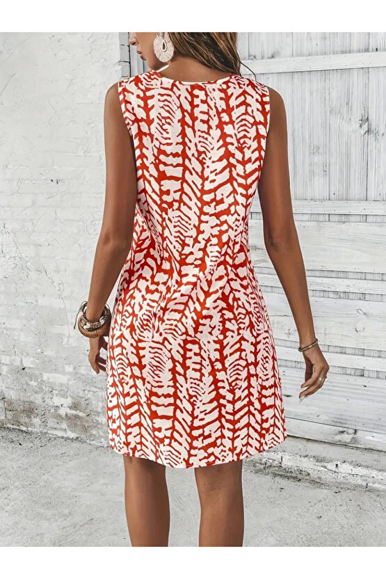 Kadın Sıfır Kol Yakadan Halka Detaylı Desenli Kısa Bürümcük Elbise
