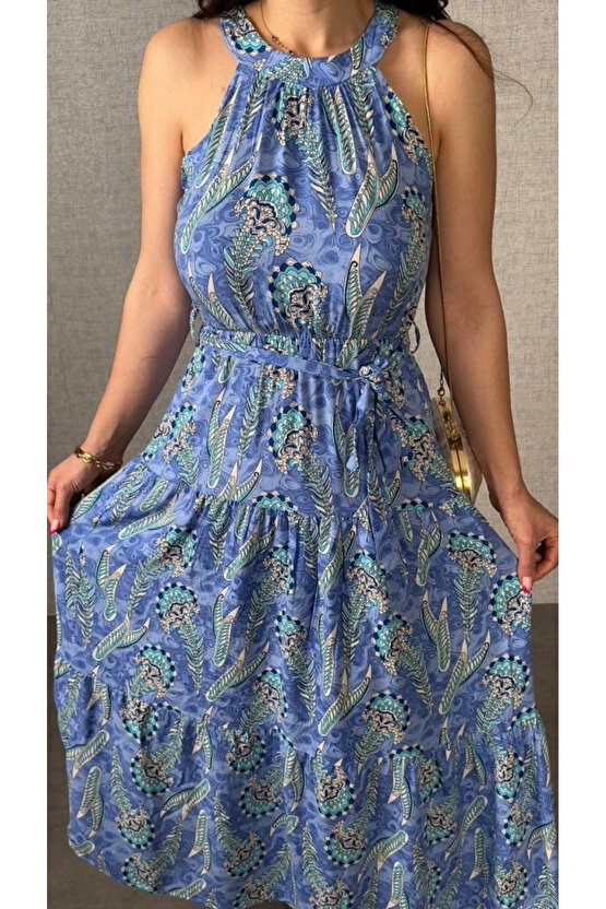 Kadın Omuzlardan Açık Boyundan Geçmeli Desenli Süprem Bluz