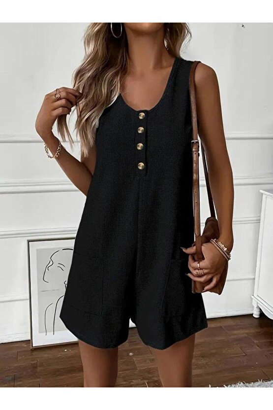 Kadın Askılı Yuvarlak Yaka Düğmeli Waffle Kısa Tulum