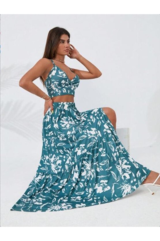 Kadın Ince Askılı çiçek Baskı Desenli Crop Yırtmaçlı Etek Ikili Süprem Takım