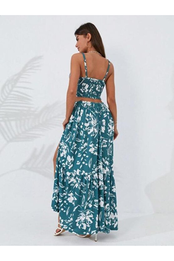 Kadın Ince Askılı çiçek Baskı Desenli Crop Yırtmaçlı Etek Ikili Süprem Takım