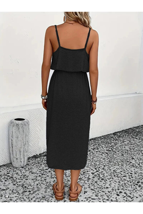 Kadın Askılı V Yakalı Viskon Bluz Ve Bağcıklı Etek Ikili Takım