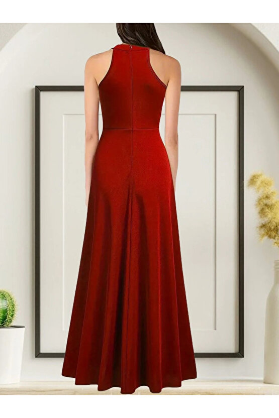 Kadınhalter Yaka Derin Yırtmaç Detaylı Tam Boy Ithal Krep Abiye Elbise