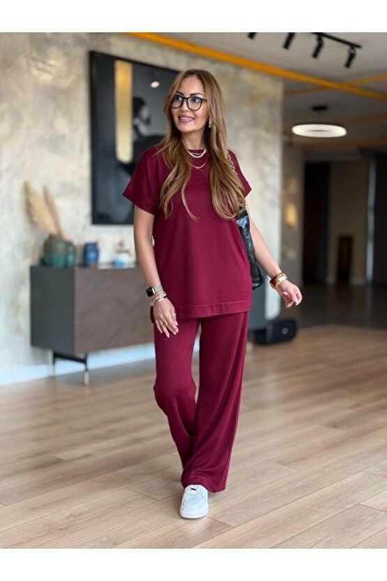 Kadın Kısa Kollu Bisiklet Yaka Viskon Iki Iplik Bluz Ve Pantolon Ikili Takım