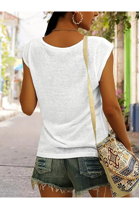 Kadın Kısa Kollu V Yaka önü Desenli Salaş Viskon Bluz