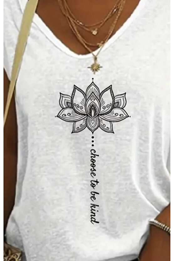 Kadın Kısa Kollu V Yaka önü Desenli Salaş Viskon Bluz