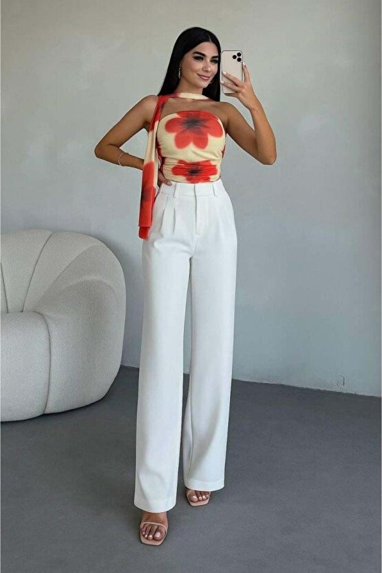 Kadın Yüksek Bel Plise Detay Bol Paça Pantolon