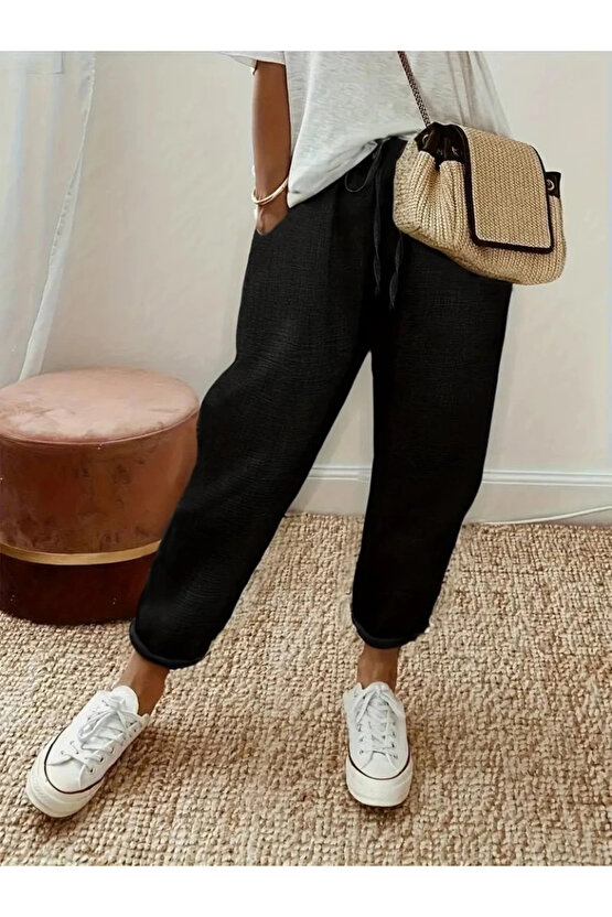 Kadın Yüksek Bel Lastikli Belde Bağcık Detaylı Aerobin Pantolon