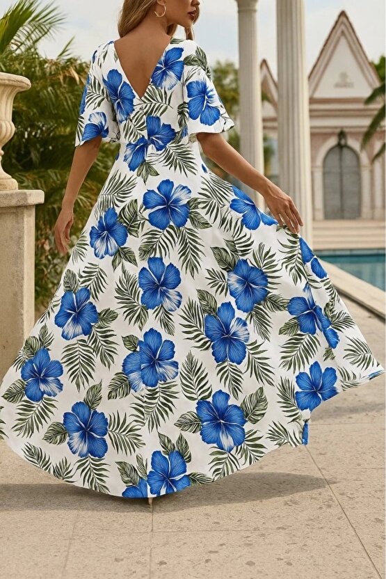 Kadın Kısa Kollu V Yakalı Desenli Süprem Elbise