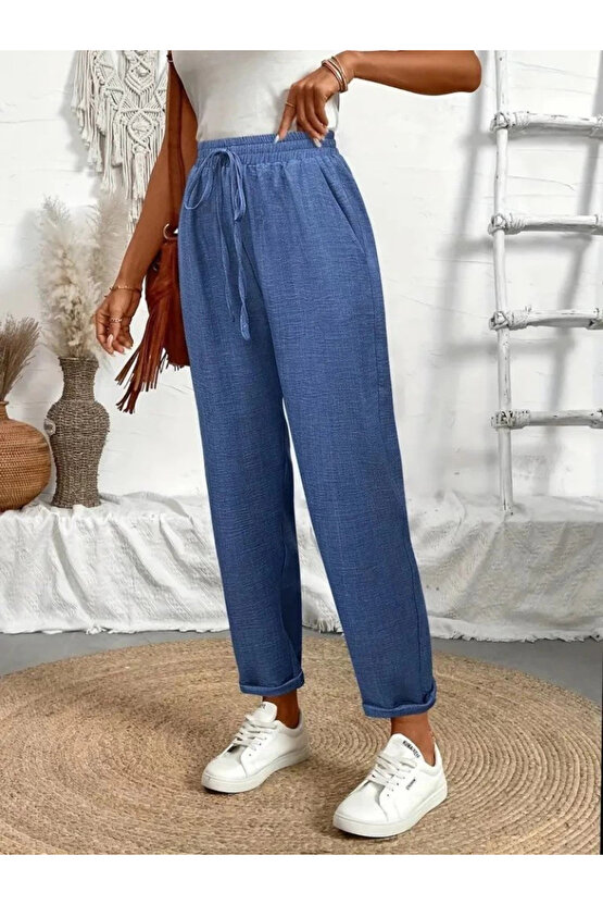 Kadın Yüksek Bel Lastikli Belde Bağcık Detaylı Aerobin Pantolon