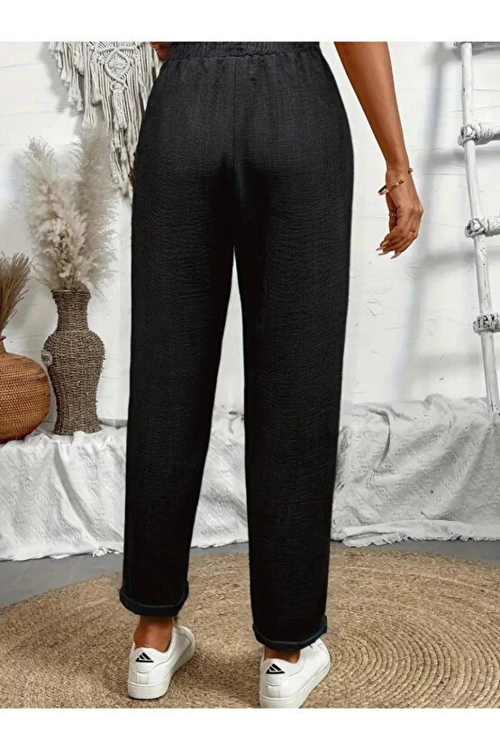 Kadın Yüksek Bel Lastikli Belde Bağcık Detaylı Aerobin Pantolon