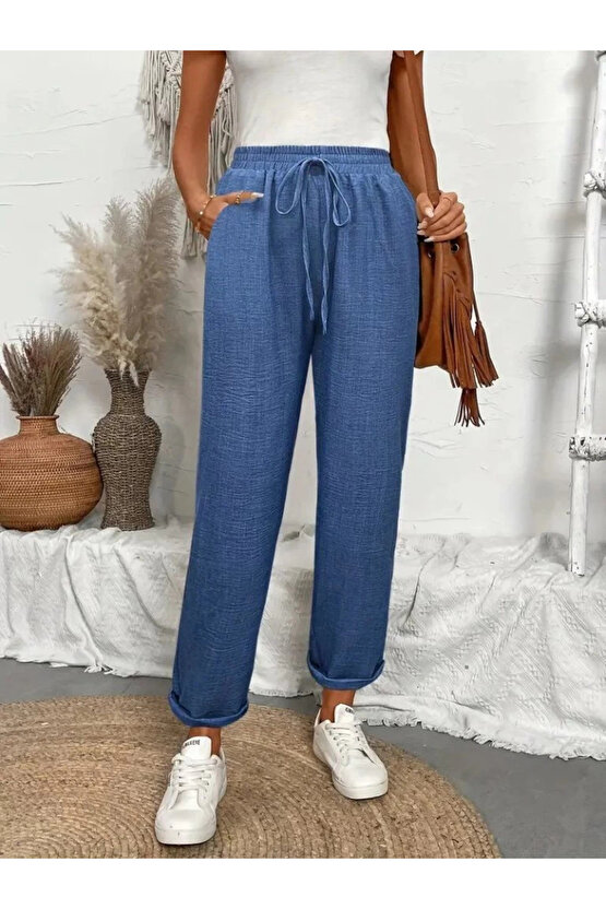 Kadın Yüksek Bel Lastikli Belde Bağcık Detaylı Aerobin Pantolon