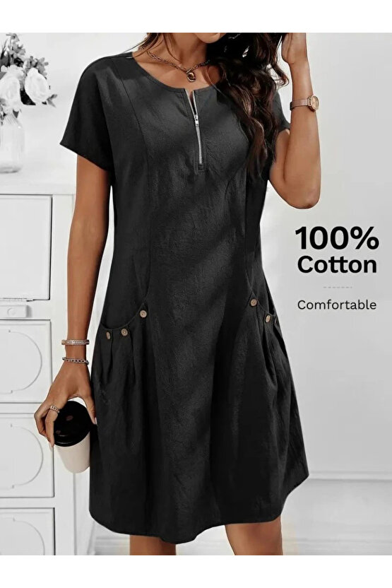 Kadın Kısa Kollu Yakası Açık Fermuarlı Cep Detaylı Ithal Keten Elbise
