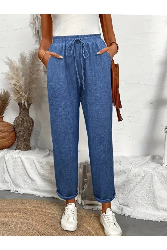 Kadın Yüksek Bel Lastikli Belde Bağcık Detaylı Aerobin Pantolon