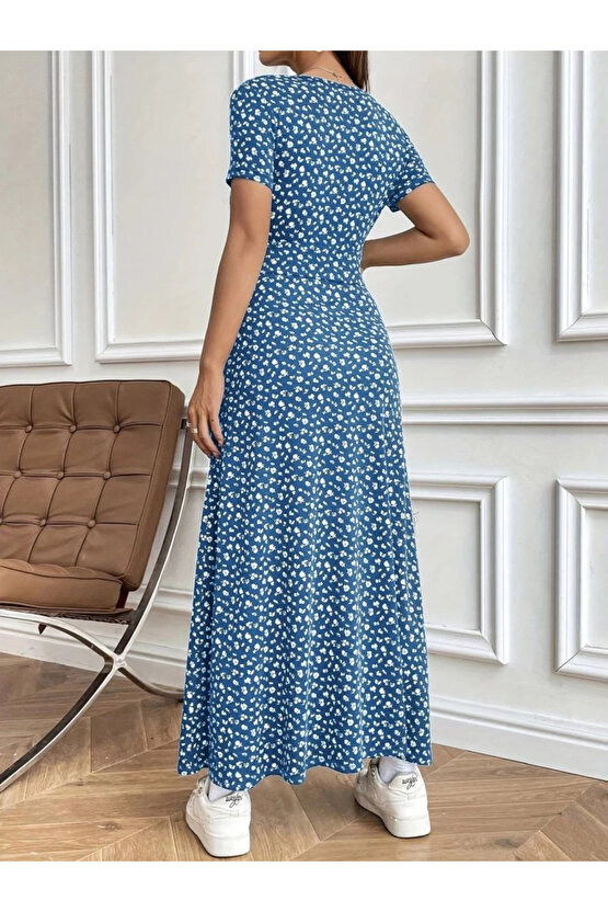 Kadın Kısa Kollu Kruvaze Yakalı çiçek Desenli Süprem Elbise