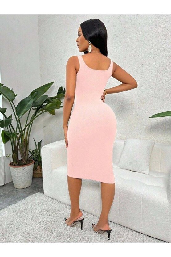 Kadın Askılı önü Düğmeli Midi Kaşkorse Elbise