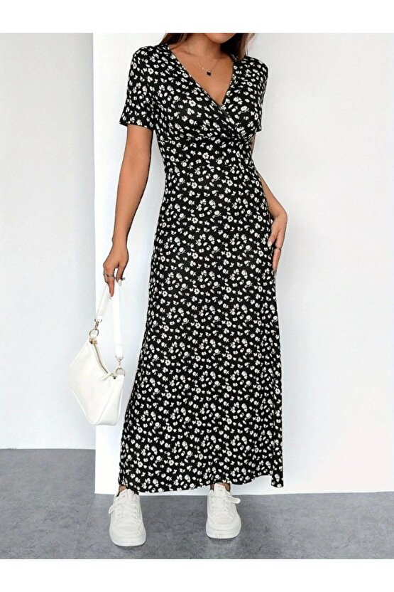 Kadın Kısa Kollu Kruvaze Yakalı çiçek Desenli Süprem Elbise