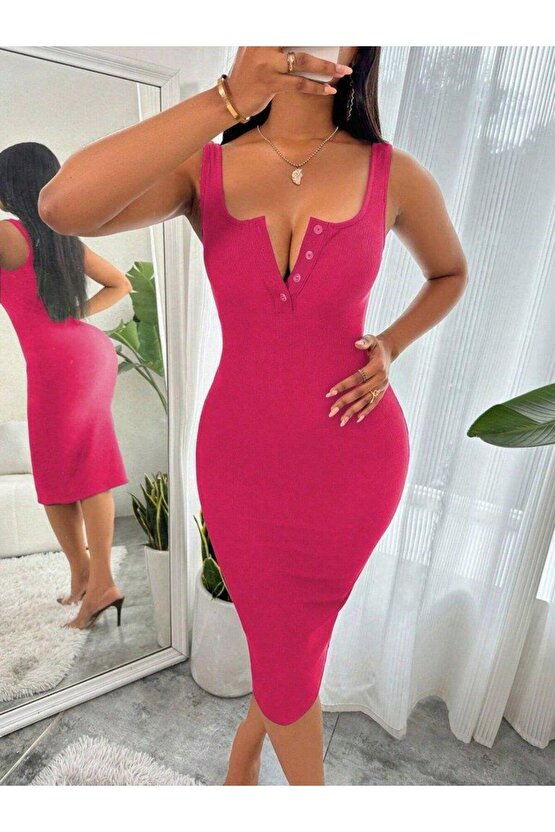 Kadın Askılı önü Düğmeli Midi Kaşkorse Elbise