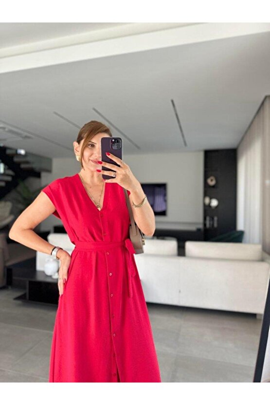 Kadınn V Yaka Düğme Detay Kuşak Dahil Elbise