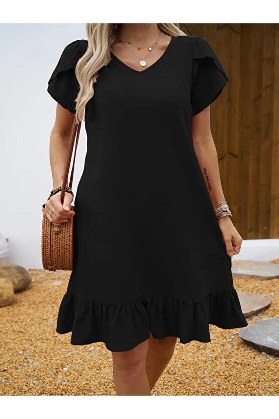 Kadın Kısa Kollu Bisiklet Yaka Fırfırlı Aerobin Elbise