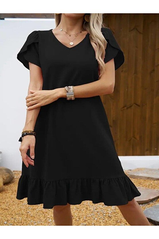 Kadın Kısa Kollu Bisiklet Yaka Fırfırlı Aerobin Elbise